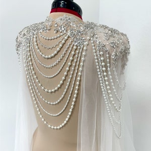 White ivory beaded wedding tulle cape with crystals, beaded romantic veil style alternative bridal floral cape