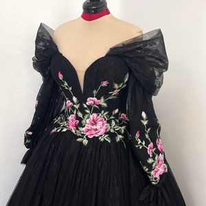 Black gothic floral lace corset wedding dress, alternative fairytale wedding gown with pink flowers