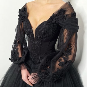 Black Vintage style Gothic floral wedding dress, 3D flower tulle lace train alternative bride dress