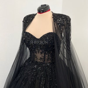Black Gothic crystal beaded corset with floral beaded appliques wedding tulle dress, elegant beaded alternive bride dress, long black cape