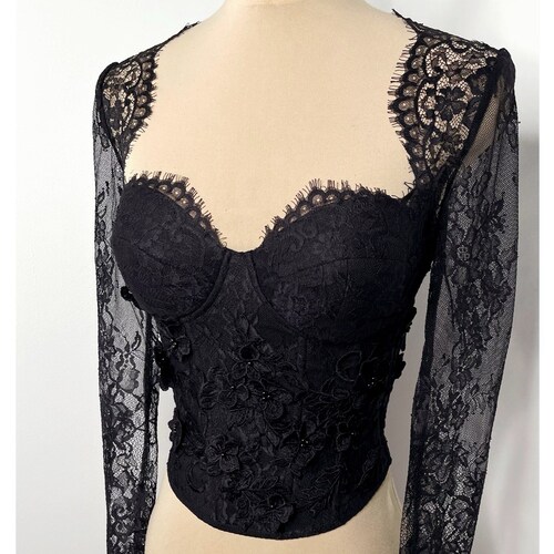 Gothic Black 3D Floral Lace Corset With Long Sleeves - Etsy