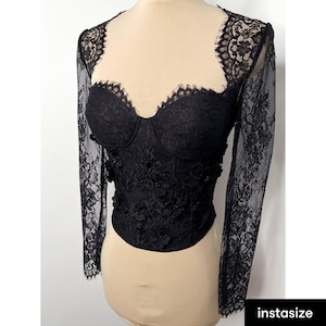 Gothic Black 3D floral lace corset with long sleeves