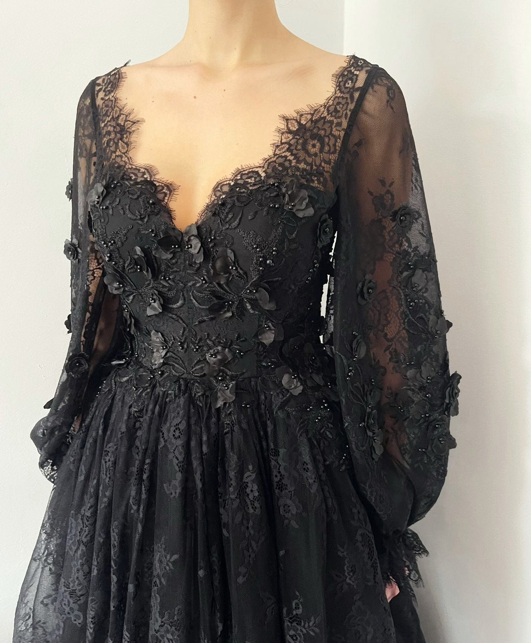 Lace Applique Tulle Dress, Black Glitter Wedding Dress, 3D Flowers Long Evening Dress Y1625 main image 1