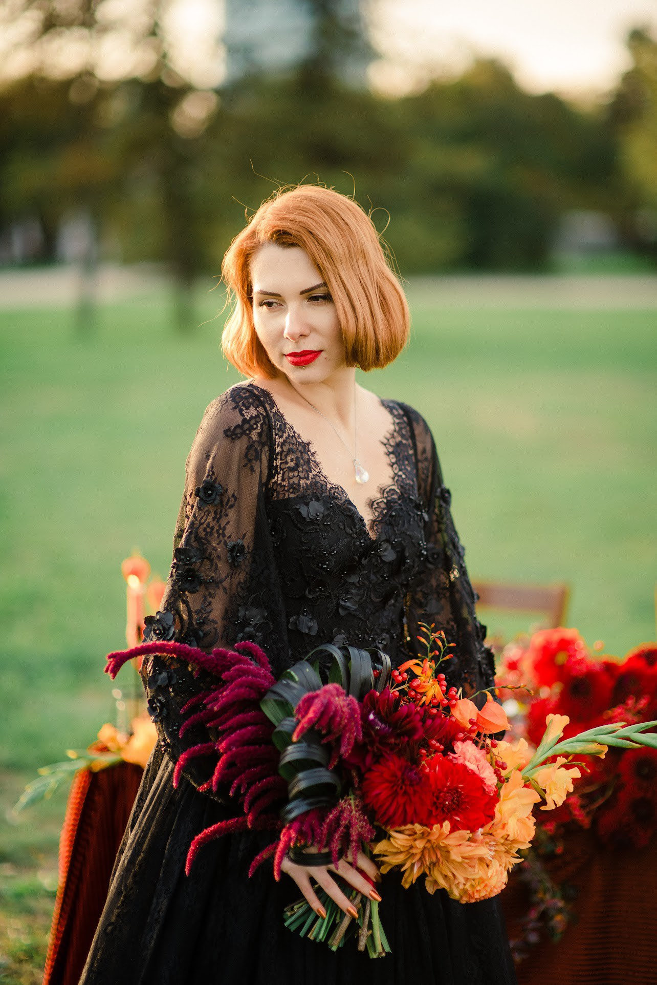 Black Gothic 3D Floral Embroidered Lace Wedding Dress