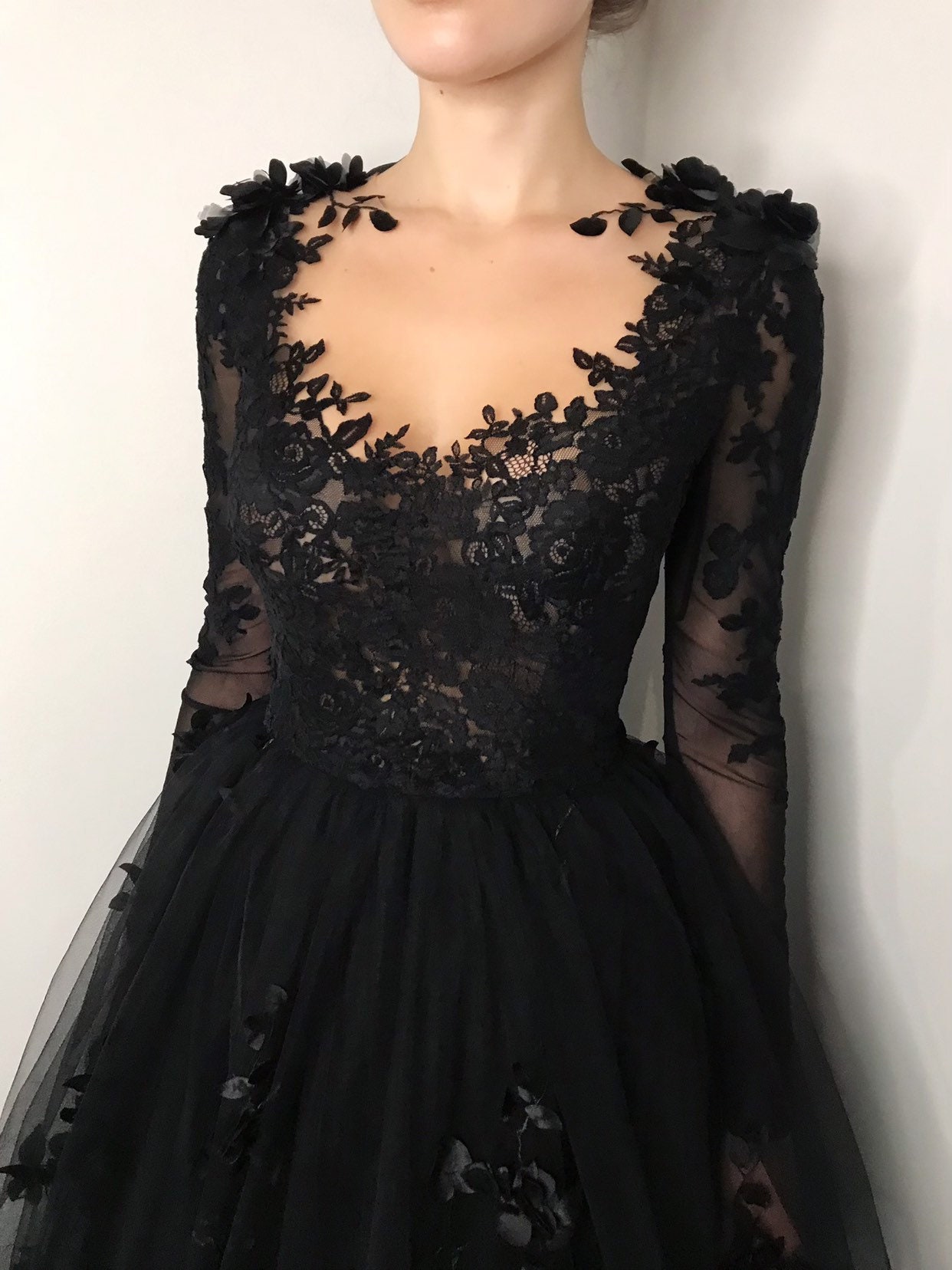 Black Floral Gothic Wedding Dress Black Flower Tulle Lace