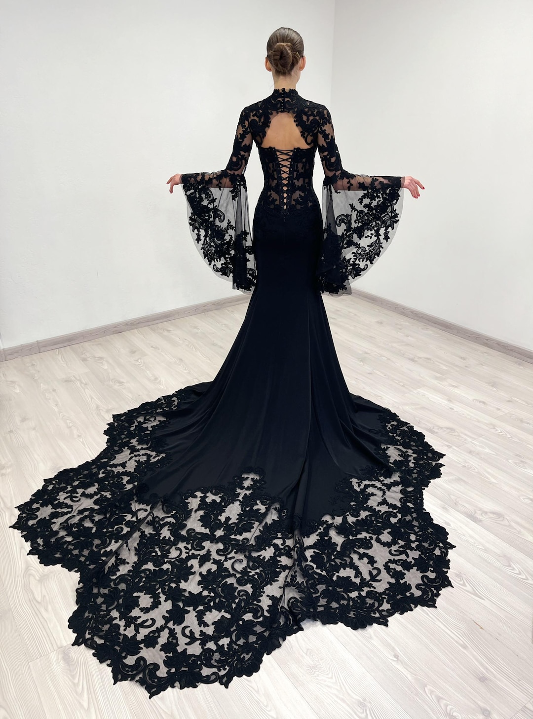 long black sheer dress Rosetta Getty | Sheer Plisse Long Sleeve Dress | XS