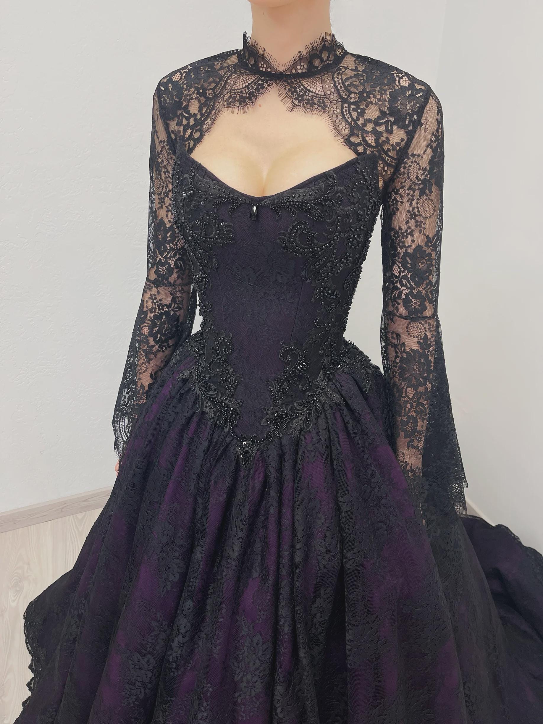 Goth Basque Black and Purple Gothic Basque Waist Corset Tulle Wedding Dress With ...