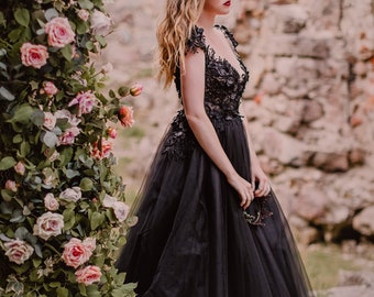 Black Gothic 3D Beaded Floral Lace Applique Tulle Dress