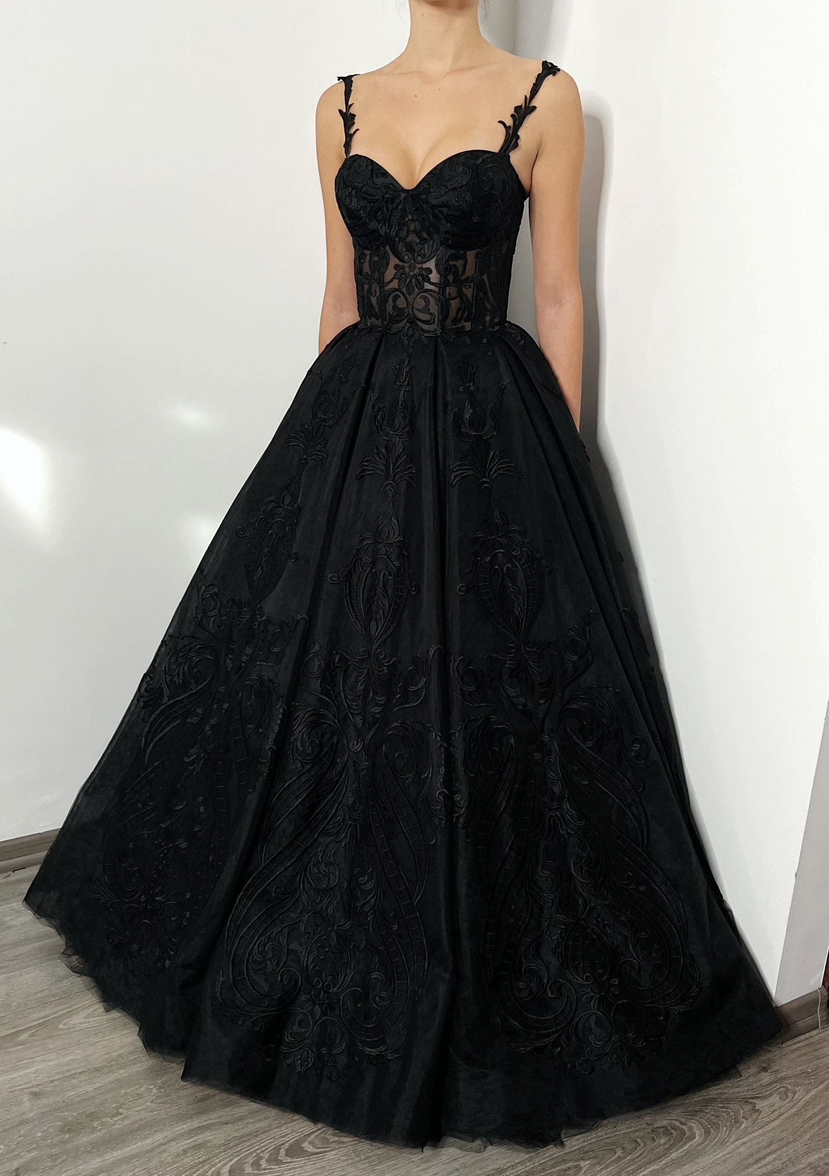 Black Gothic Lace Corset Strap Wedding Dress Long Train | Etsy