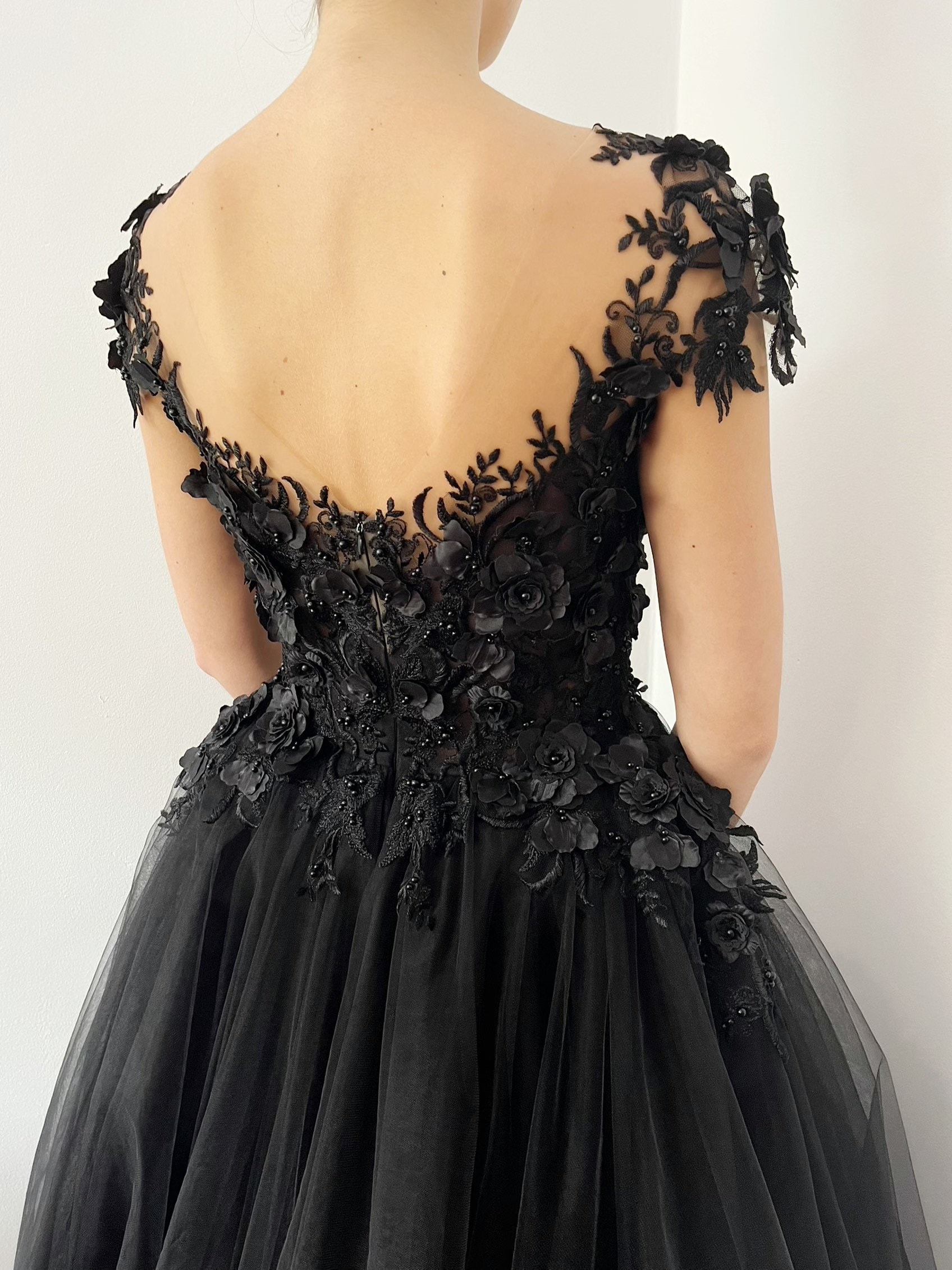 Black gothic 3D beaded floral lace applique tulle dress | Etsy