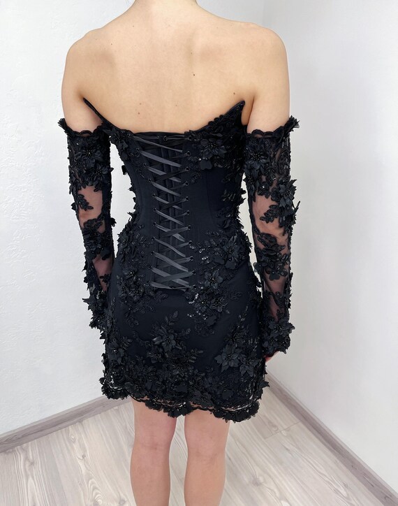 floral-appliqué corset mini dress in black gothic floral beaded gown with 3D appliques, short party with sleeves Size:32 in.