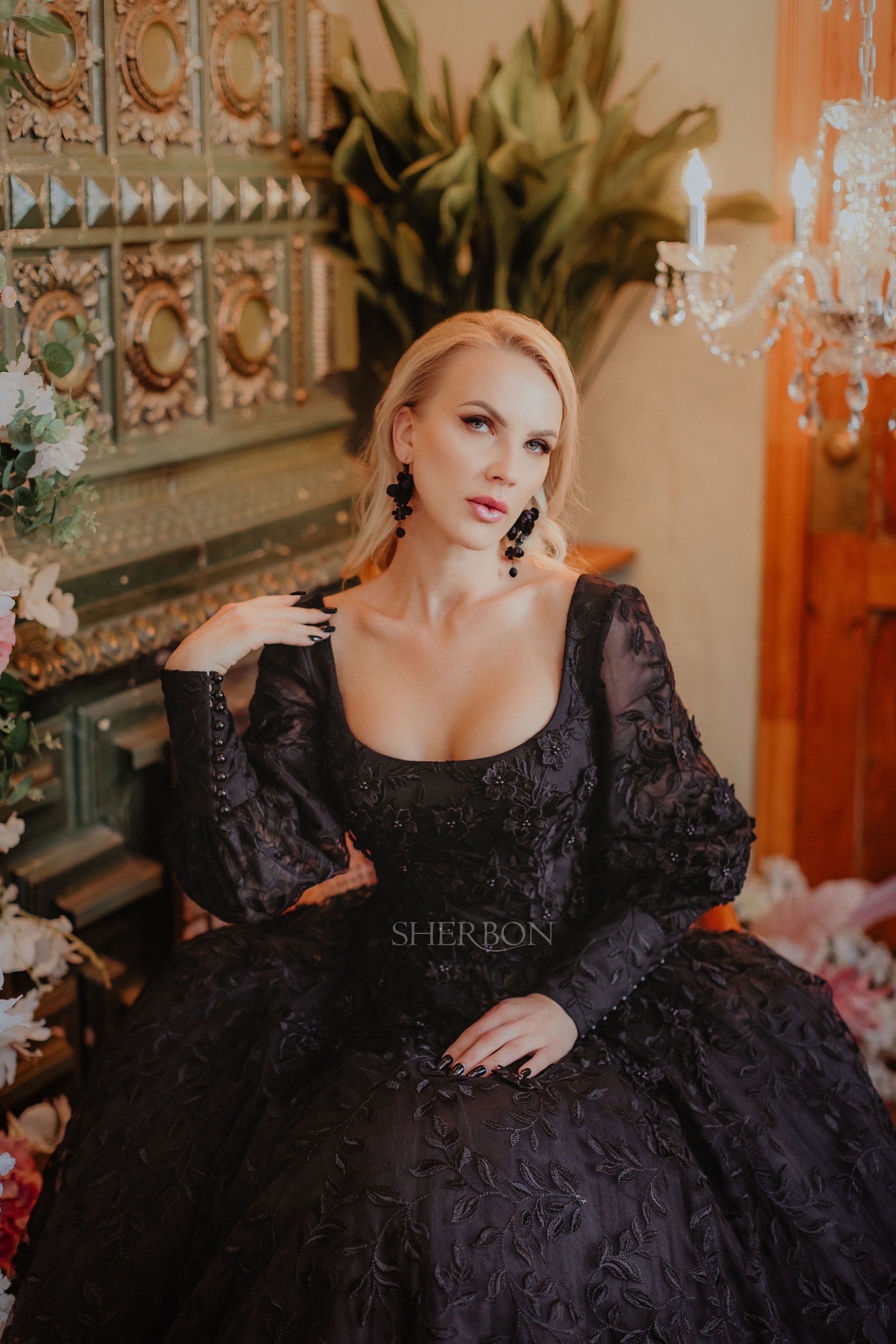 Black gothic floral 3D lace wedding dress