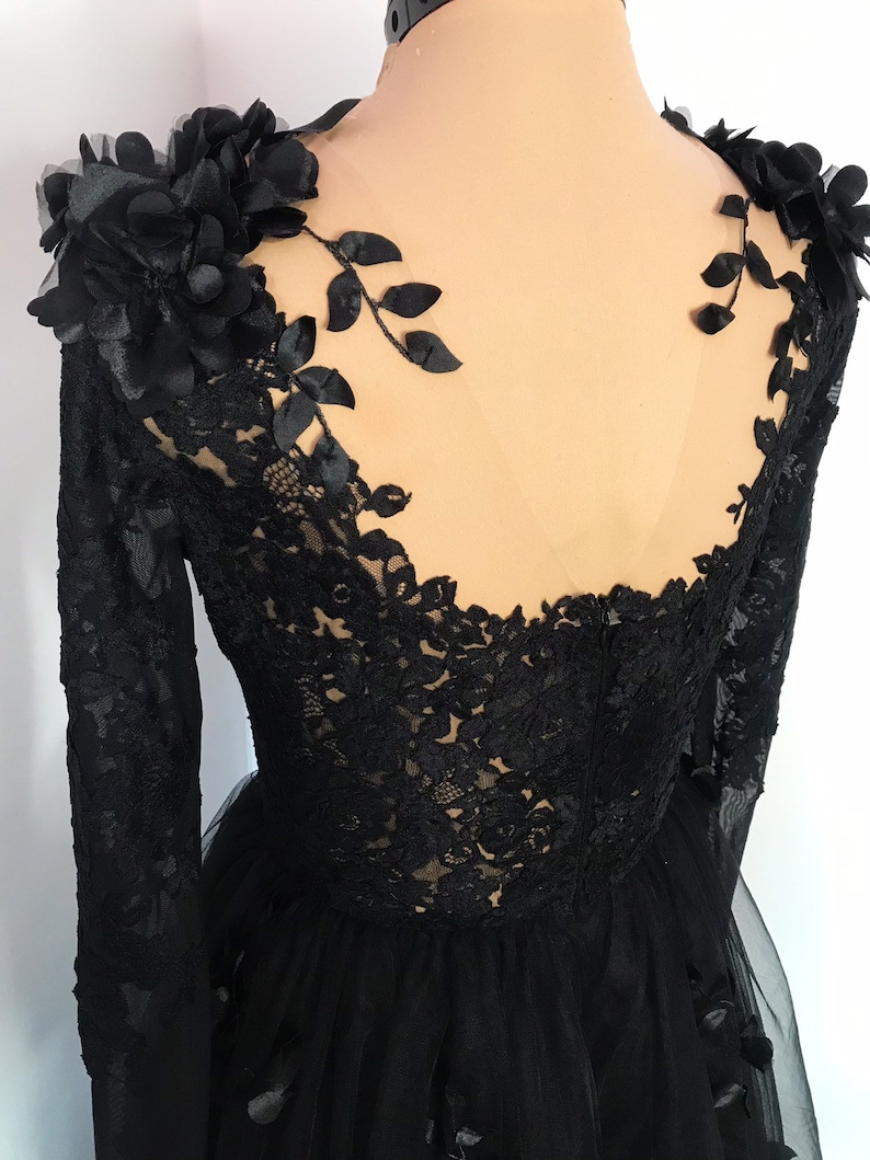 Black Floral Gothic Wedding Dress Black Flower Tulle Lace Etsy