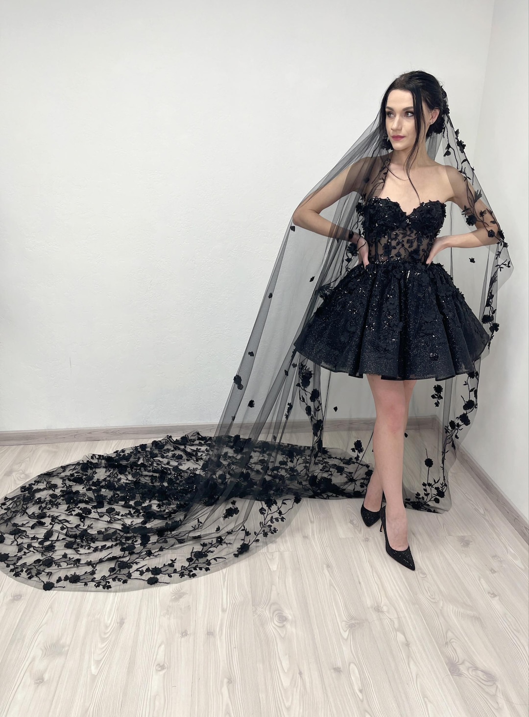 embellished corset tulle skirt mini dress in black Ava Presley 29160 Beaded Corset Floral Cocktail Dress main image 1