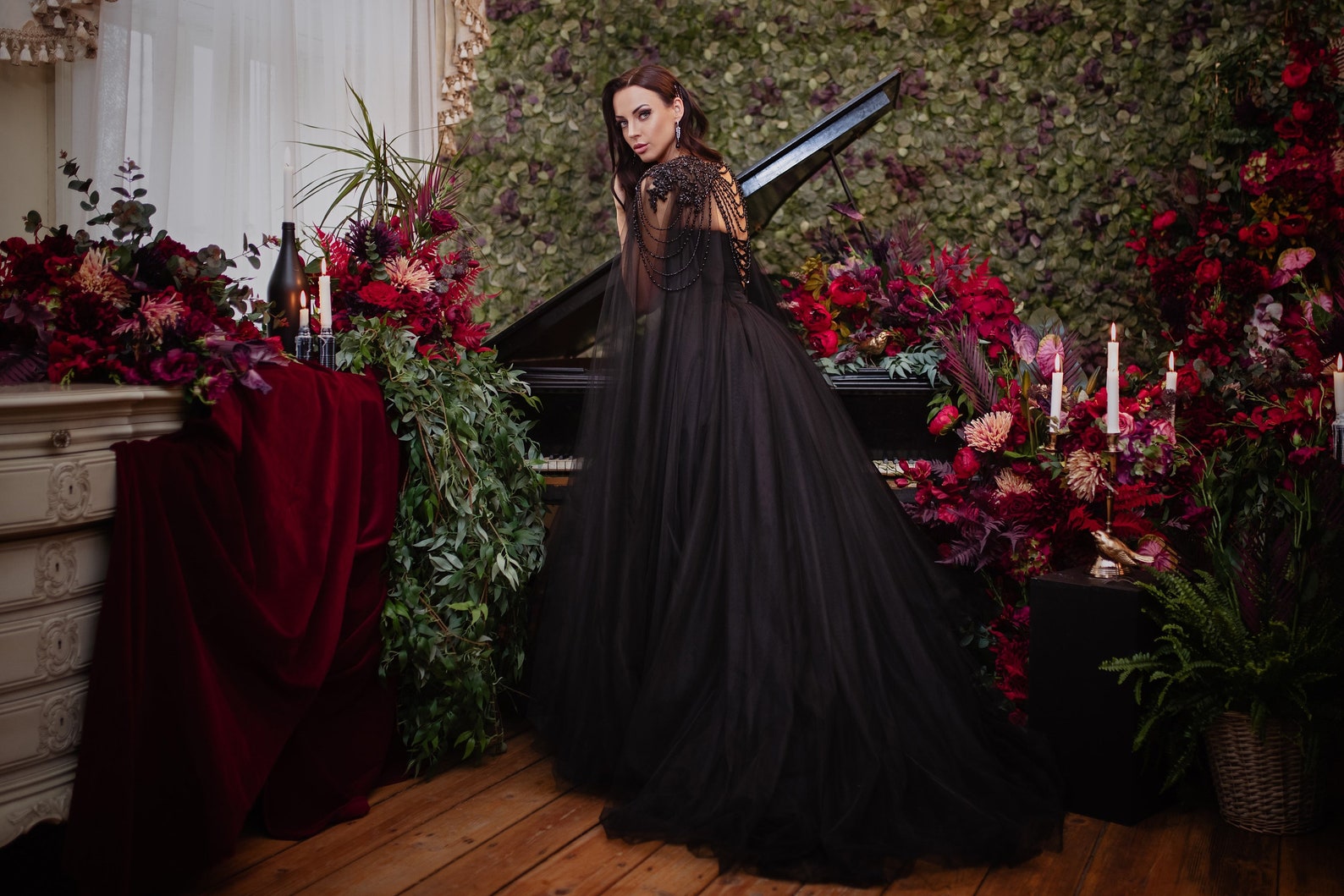 Black Gothic crystal beaded corset wedding tulle dress, elegant beaded alternive bride dress, long black cape black prom dress c2895 main image 1