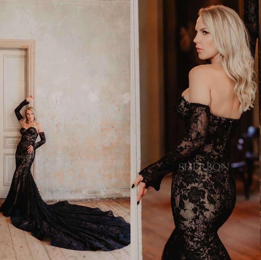 ◆ojos◆ Open Waist Mermaid Dress Black 23MW-OP01-BK Samantha Black Mermaid Wedding Dress With See Through Bodice
