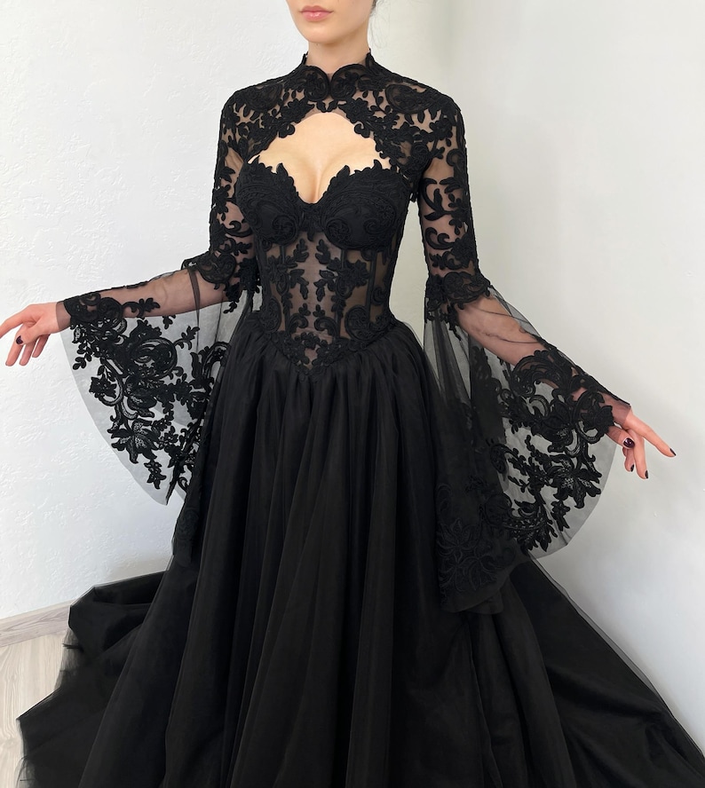 Goth Basque Black Gothic Sheer Basque Waist Corset Tulle Wedding Dress With Keyhole ...