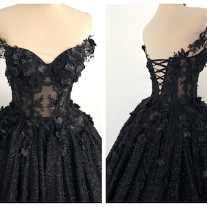 Black gothic sparkly floral corset wedding dress, off shoulder alternative bride flower train dress
