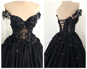 Black gothic sparkly floral corset wedding dress, off shoulder alternative bride flower train dress