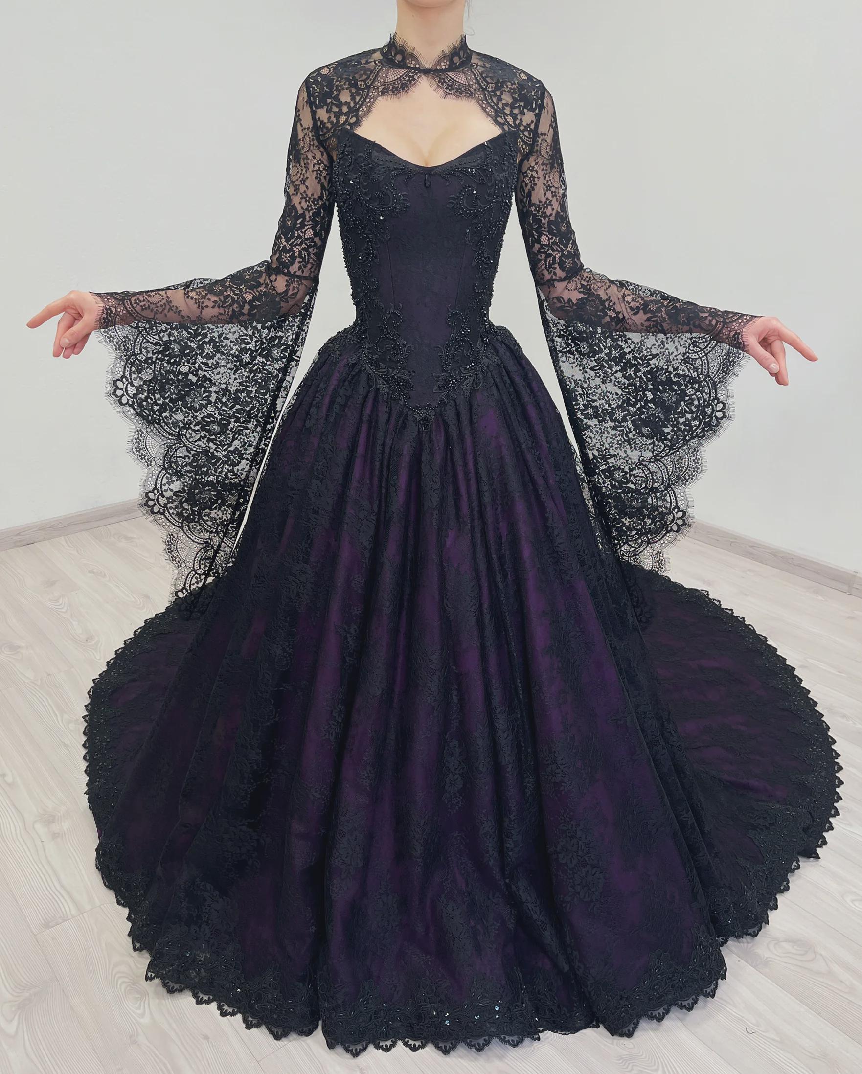 Goth Basque Black and Purple Gothic Basque Waist Corset Tulle Wedding Dress With ...
