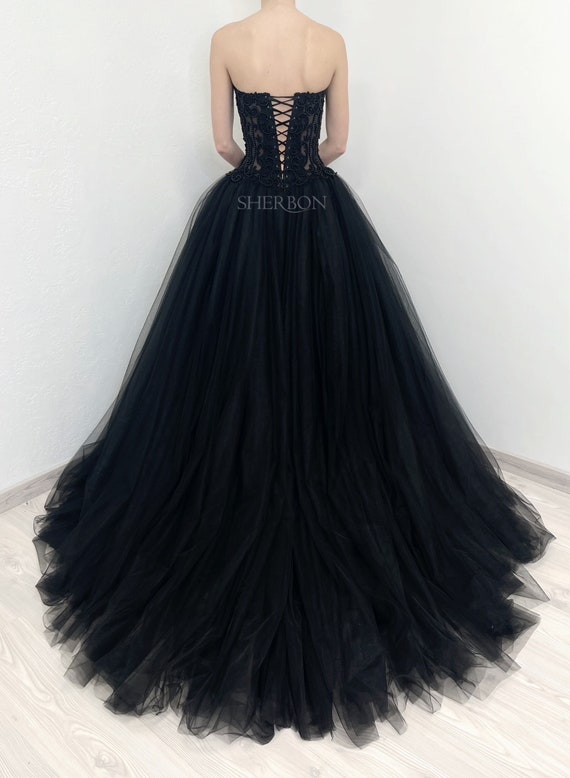 Black Beaded Sheer Drop Waist Corset Wedding Dress