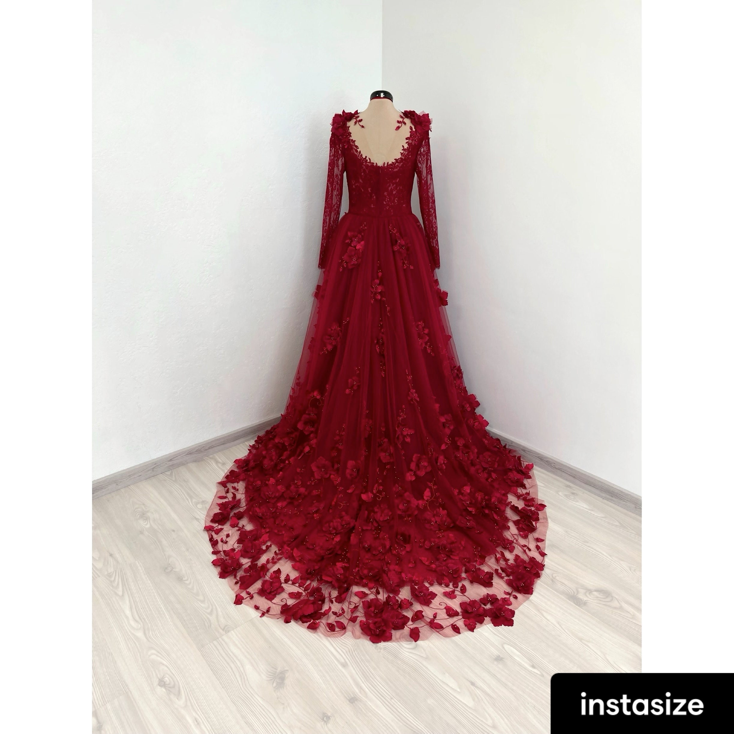 Buy Red Gothic 3D Floral Lace Gown With a Train, Alternative Fantasy Blood  Red Wedding Dress Online in India - Etsy