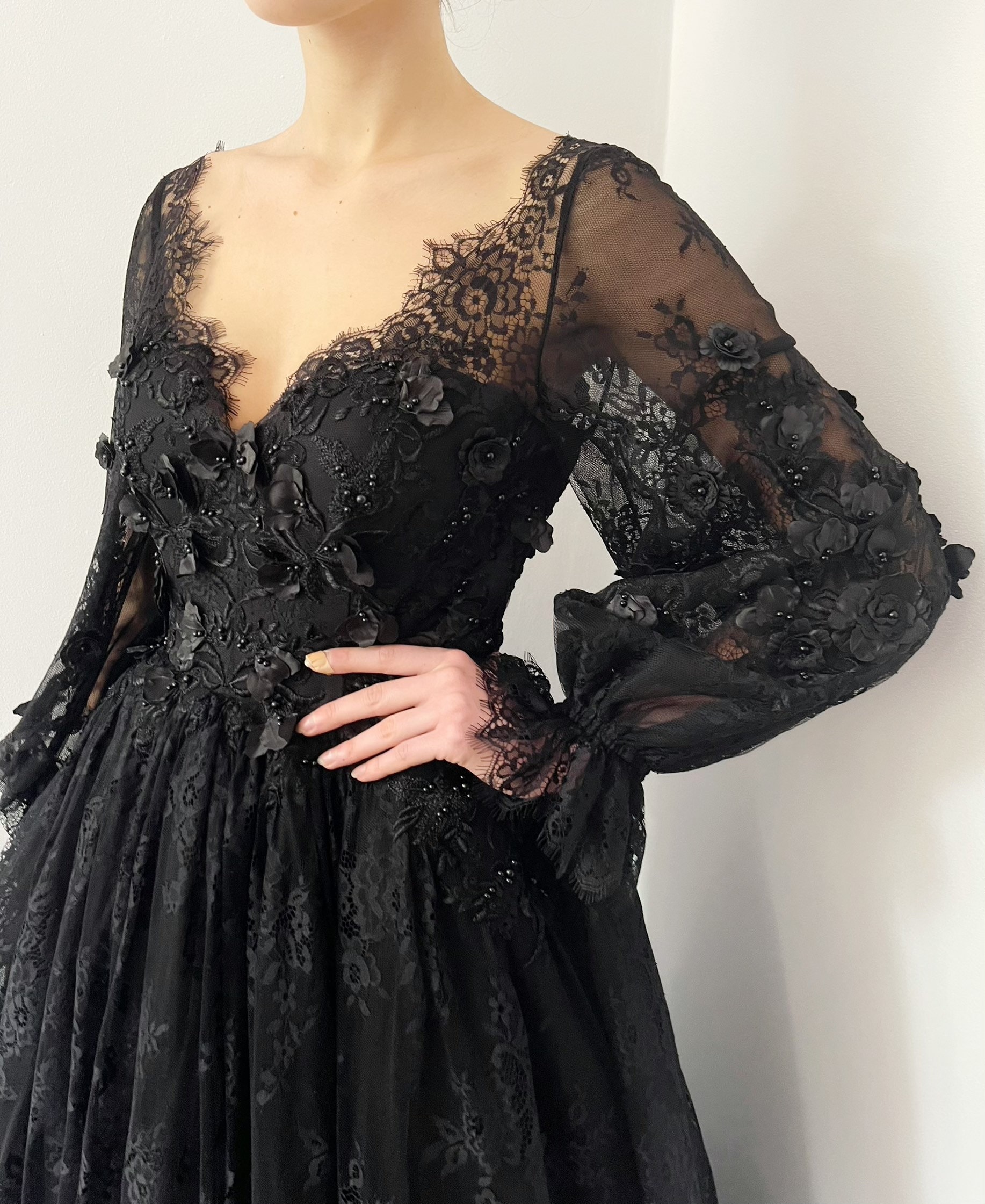 Black Gothic 3D Floral Embroidered Lace Wedding Dress, Alternative Flower Tulle Gown, Scalloped Lace Flower Applique Dress