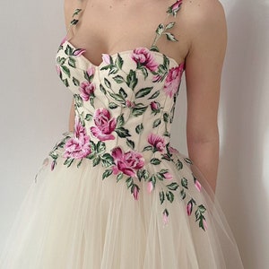 Champagne tulle pink floral corset wedding dress, beige fantasy alternative summer bride gown, romantic pink dress