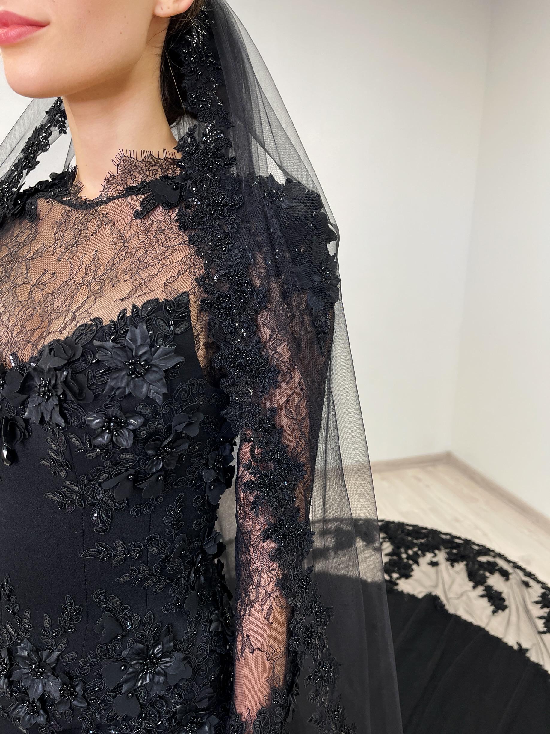 Black Gothic Cathedral Length Wedding Veil With Beaded Lace Trim