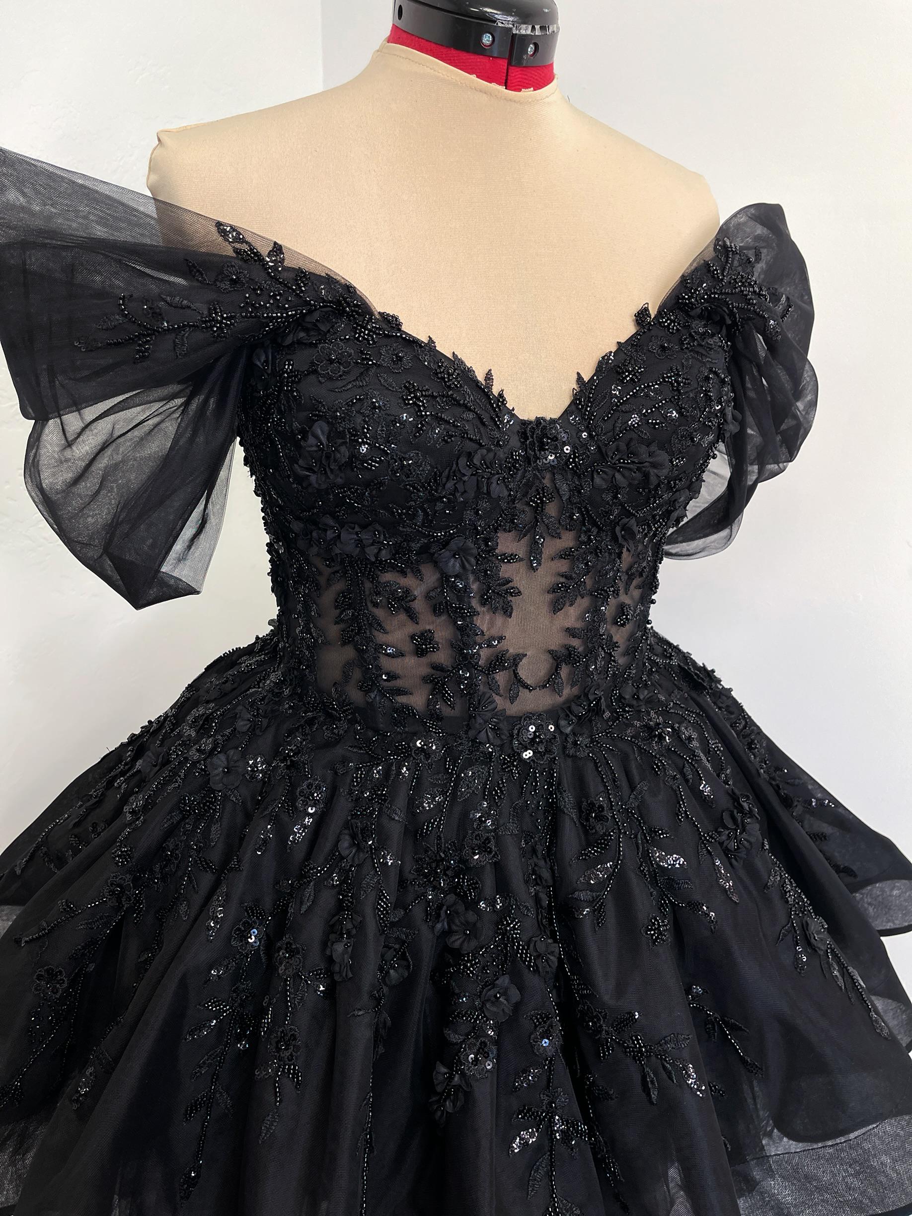 embellished corset tulle skirt mini dress in black Black gothic mini tulle sparkly beaded corset gown with 3D appliques, glitter short party dress with sheer corset