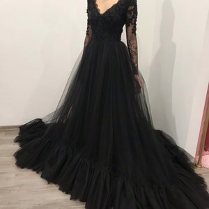 Black Gothic Open Back 3d Floral Lace Tulle Train Wedding Dress, V Neck ...