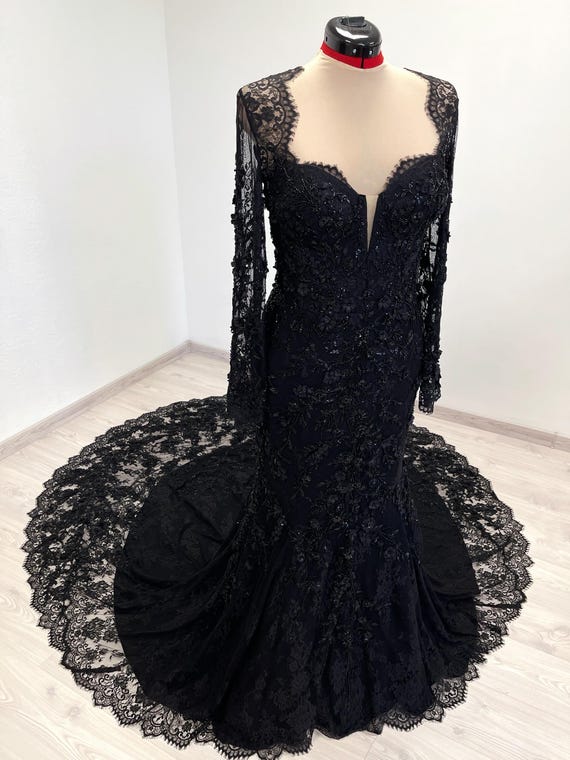 green emerald velvet dress Mermaid Black Off the Shoulder Lace Long Party Dress – FancyVestido main image 1