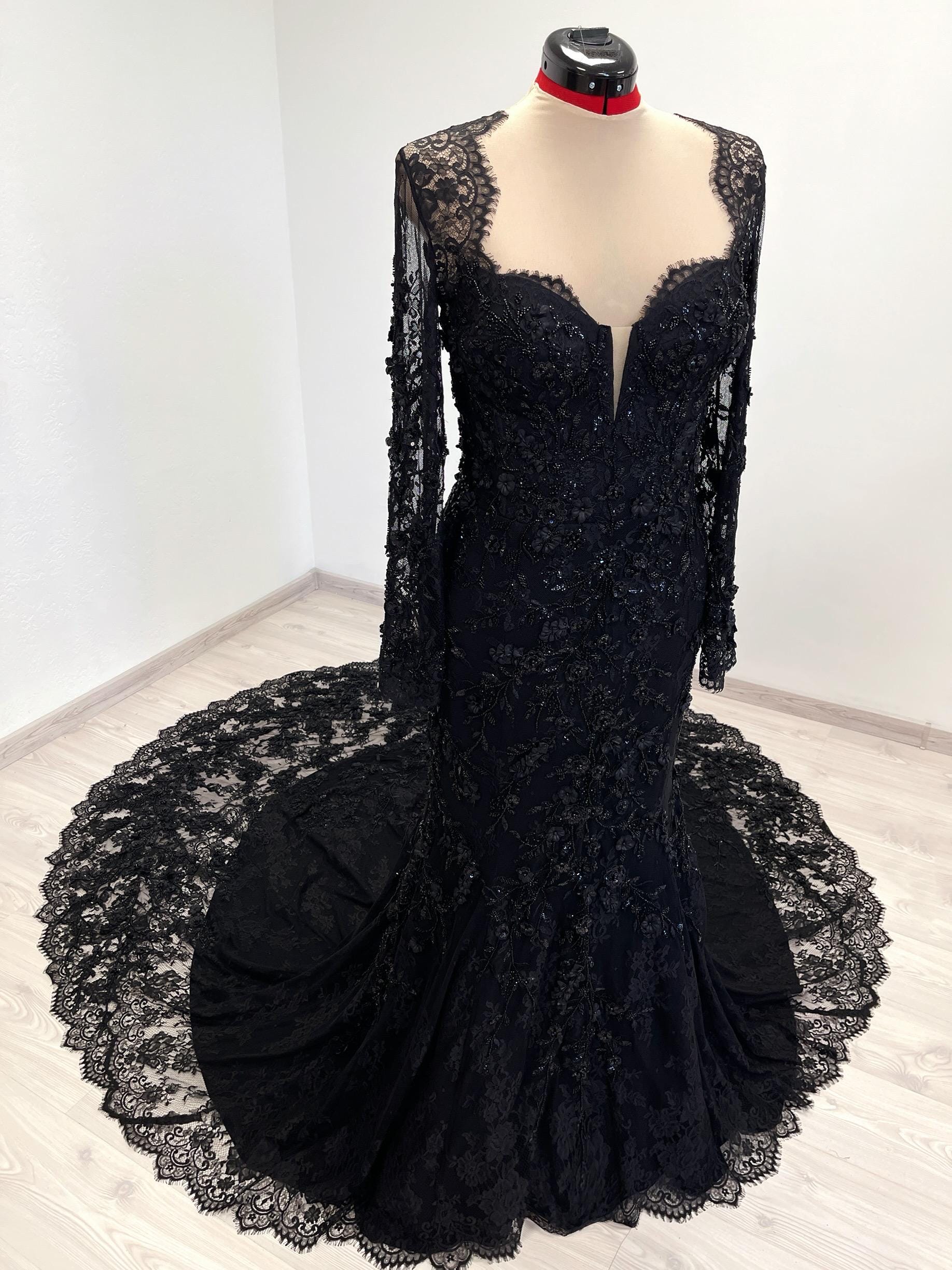 Black Gothic Beaded Corset Lace Mermaid Wedding Dress With a Long Train ...