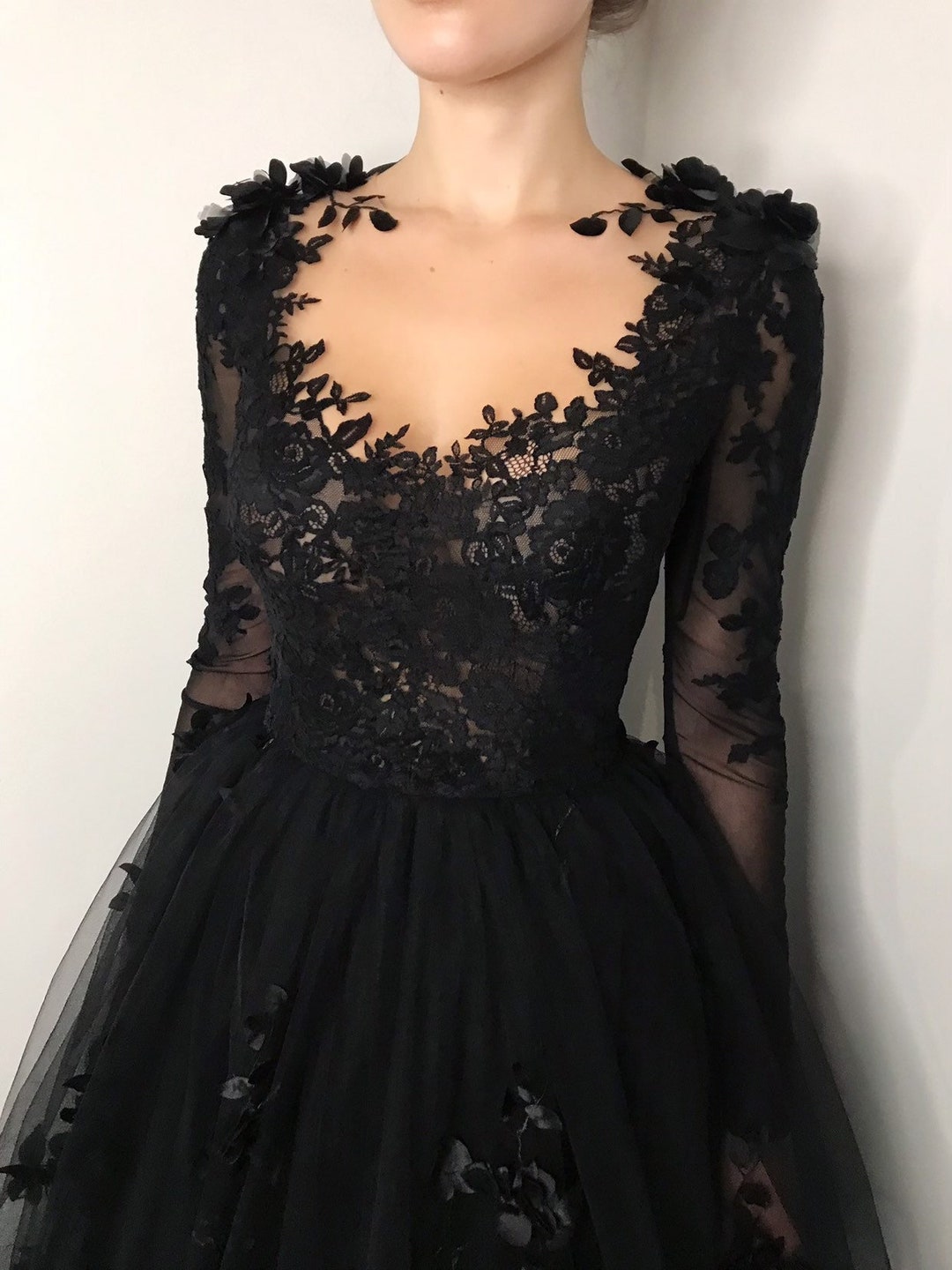 Black Floral Gothic Wedding Dress, Black Flower Tulle Lace Black Floral Gothic Wedding Dress, Black Flower Tulle Lace