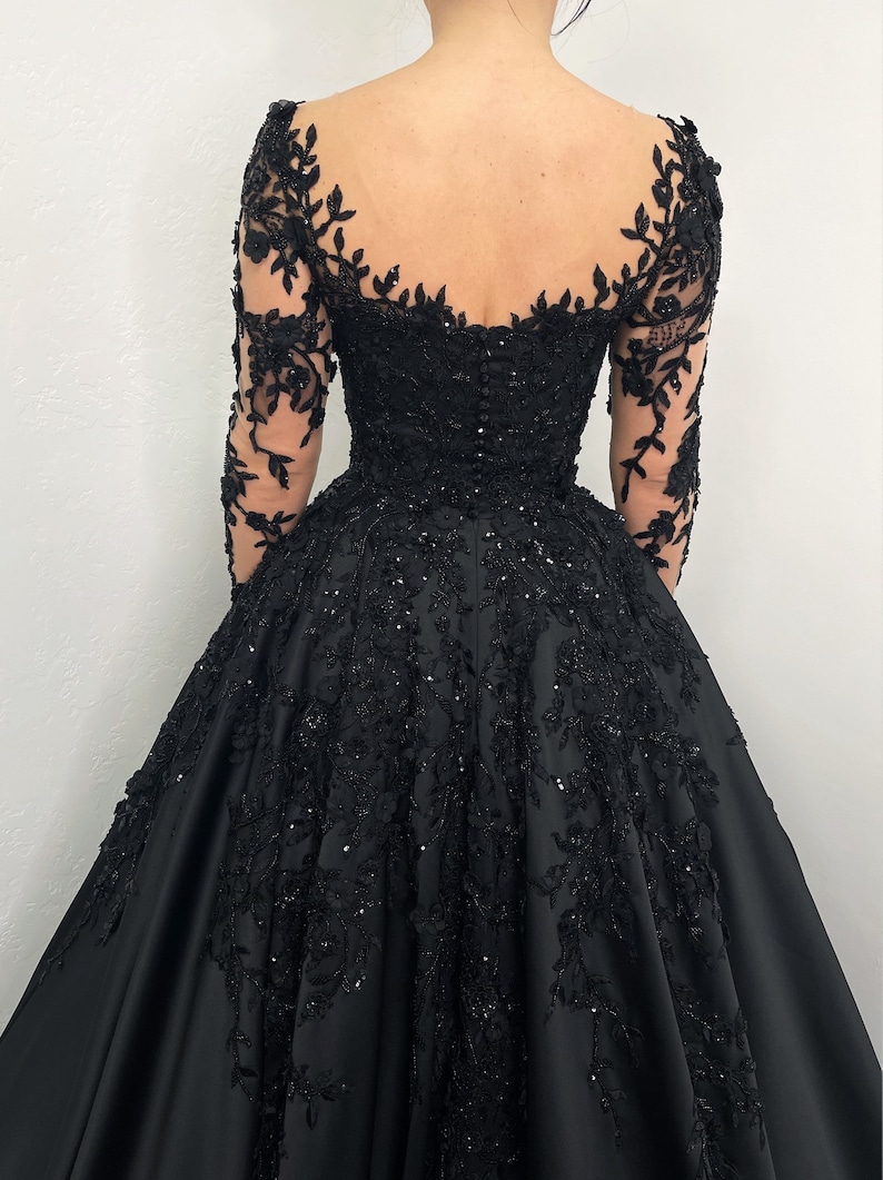 Black Gothic Satin Corset Floral Beaded Lace Wedding Dress - Etsy