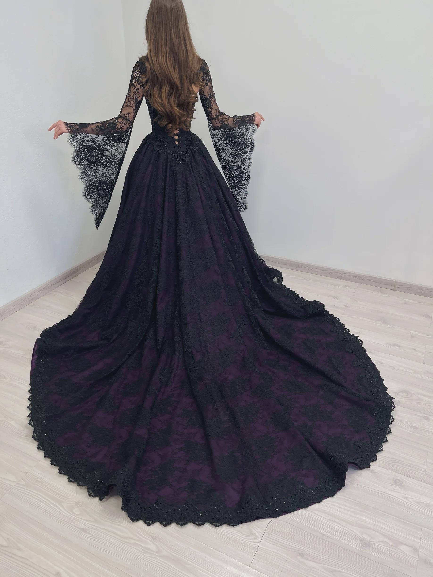 Goth Basque Black and Purple Gothic Basque Waist Corset Tulle Wedding Dress With ...