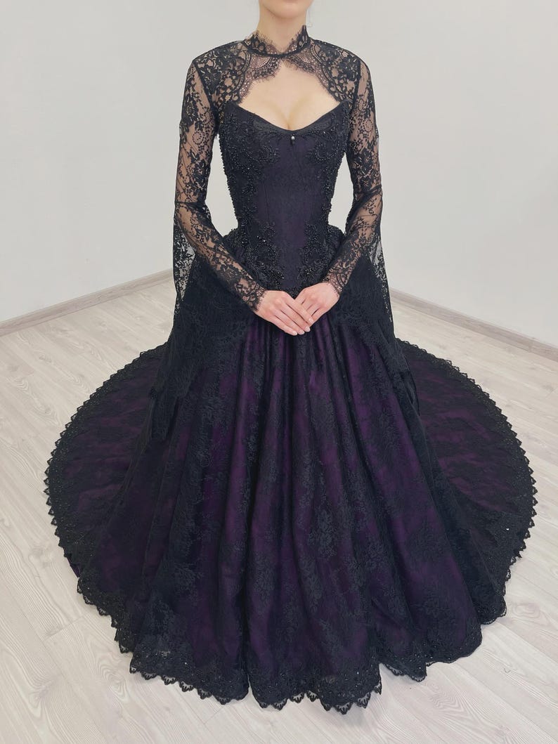 Goth Basque Black and Purple Gothic Basque Waist Corset Tulle Wedding Dress With ...