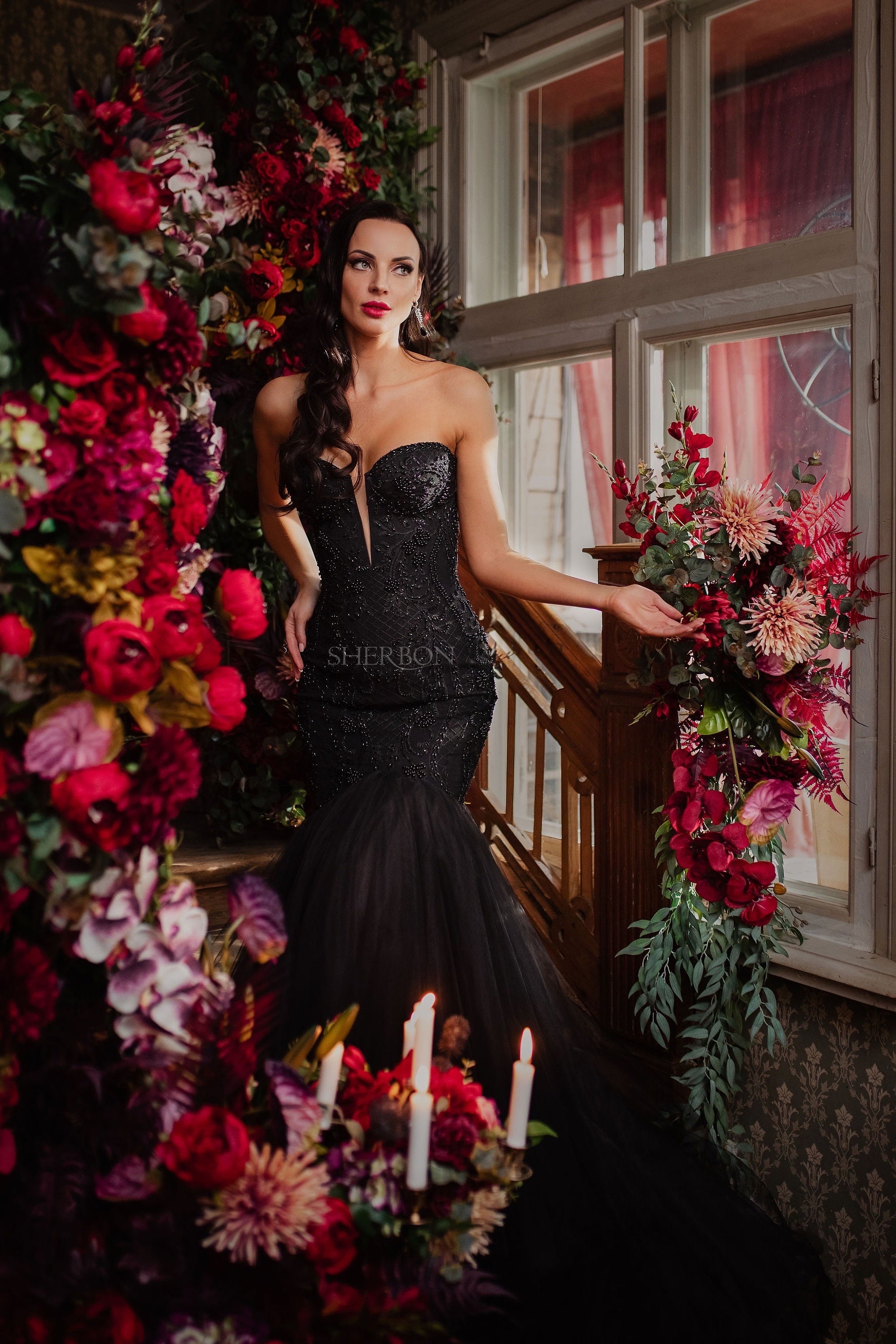 andmary tulle body dress black アンドマリー Black Gothic Beaded Lace Corset Tulle Mermaid Wedding Dress