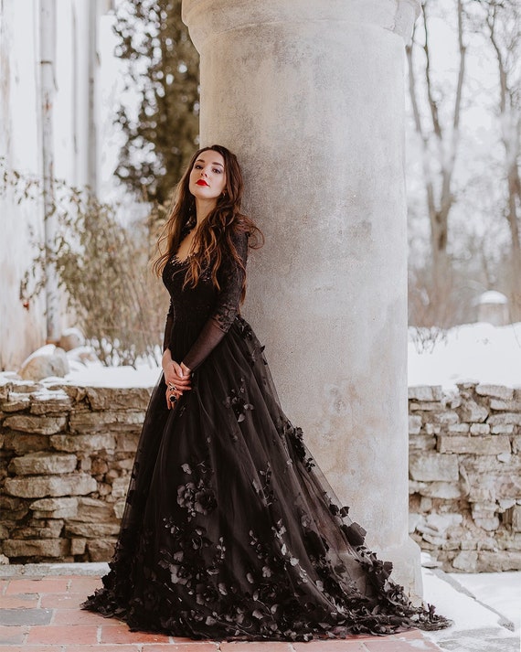 Black Floral Gothic Wedding Dress, Black Flower Tulle Lace Dress, Alternative Bride Dress