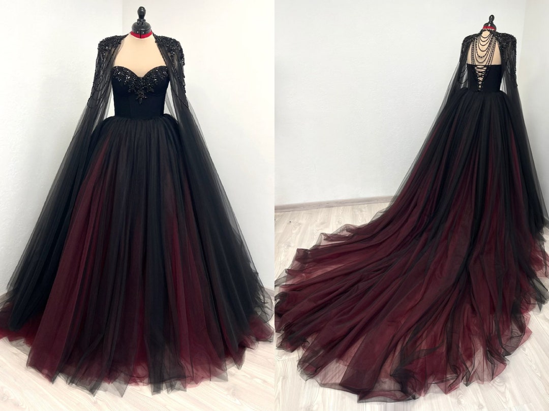 Black Gothic Red and Black Corset Tulle Wedding Dress With Beaded Cape ...