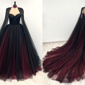 Black gothic red and black corset tulle wedding dress with beaded cape and bodice, burgundy and black alternative bride dress