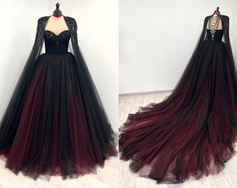 Black gothic red and black corset tulle wedding dress with beaded cape and bodice, burgundy and black alternative bride dress