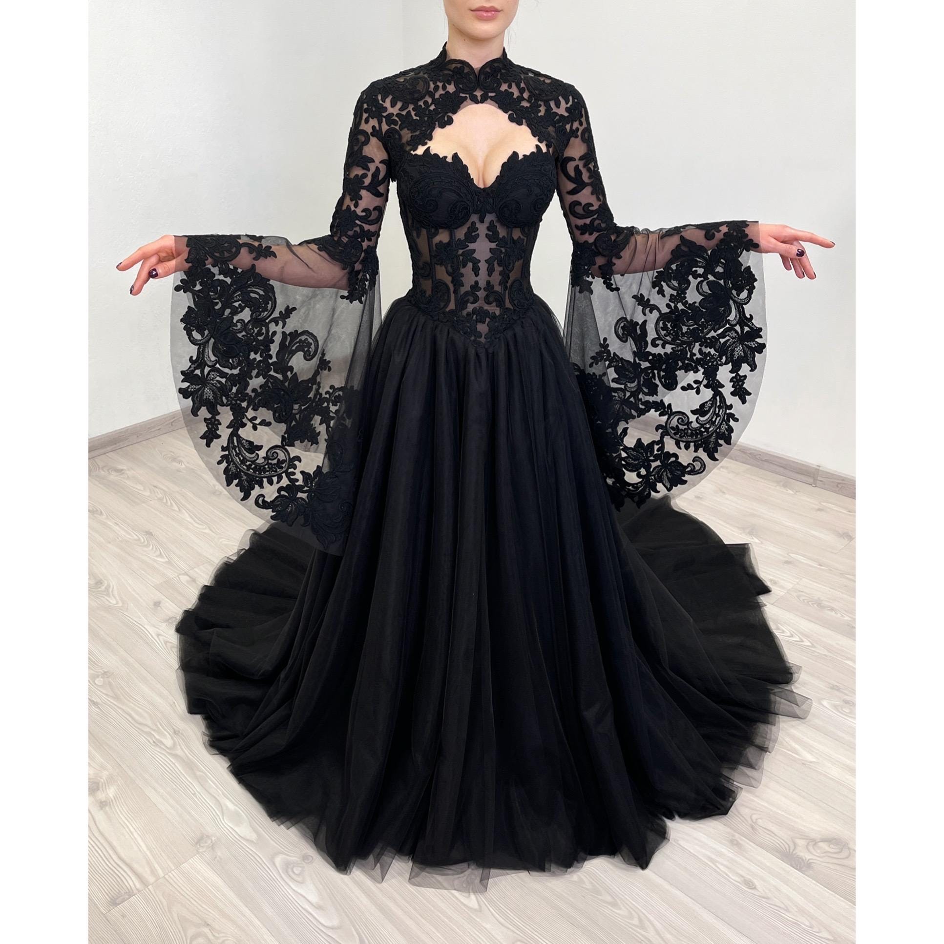 Goth Basque Black Gothic Sheer Basque Waist Corset Tulle Wedding Dress With Keyhole ...
