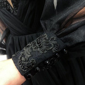 Black gothic tulle embroidery lace corset wedding gown, convertible dress with long sleeves, alternative wedding gown image 10