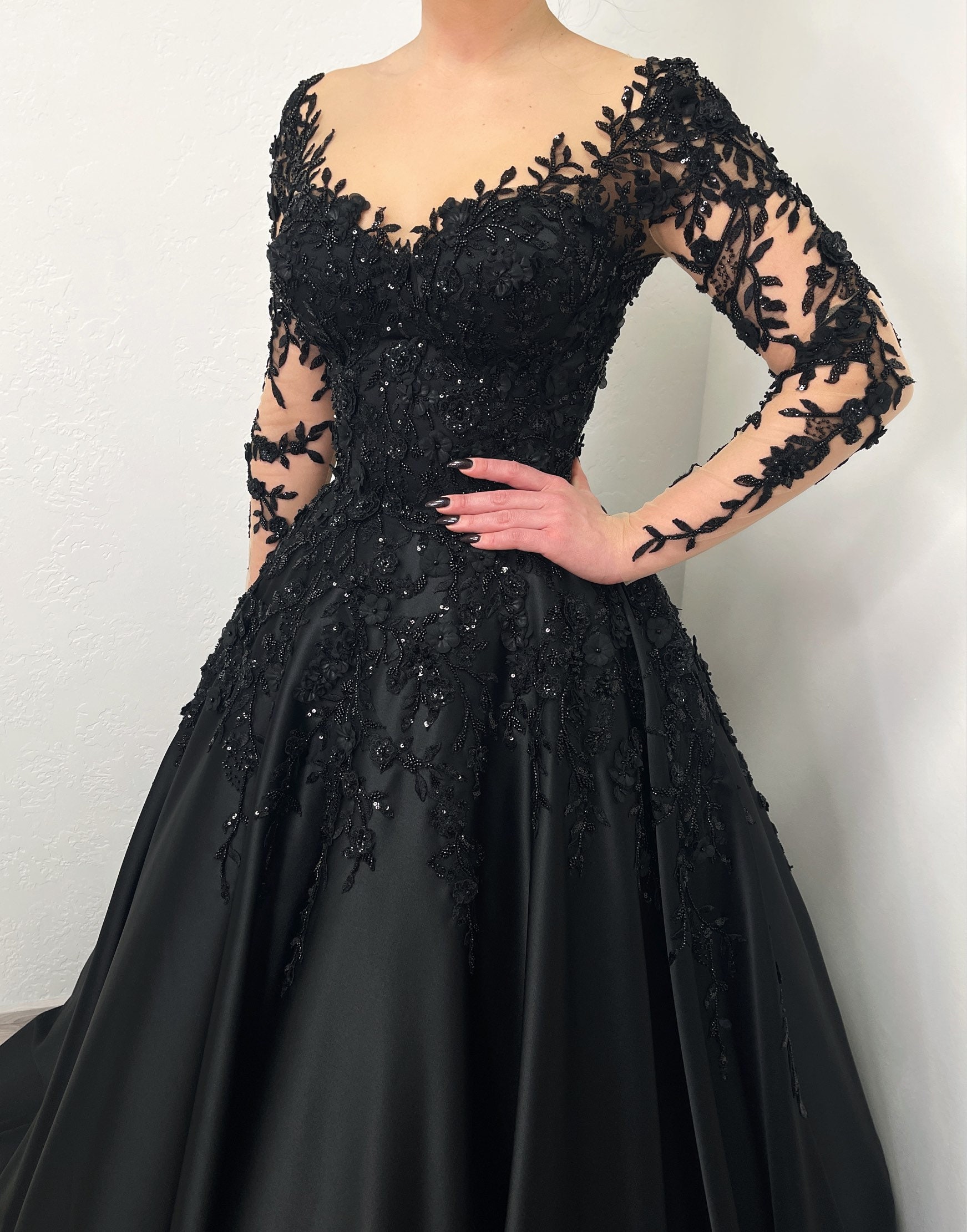 Black Gothic Satin Corset Floral Beaded Lace Wedding Dress, Alternative ...