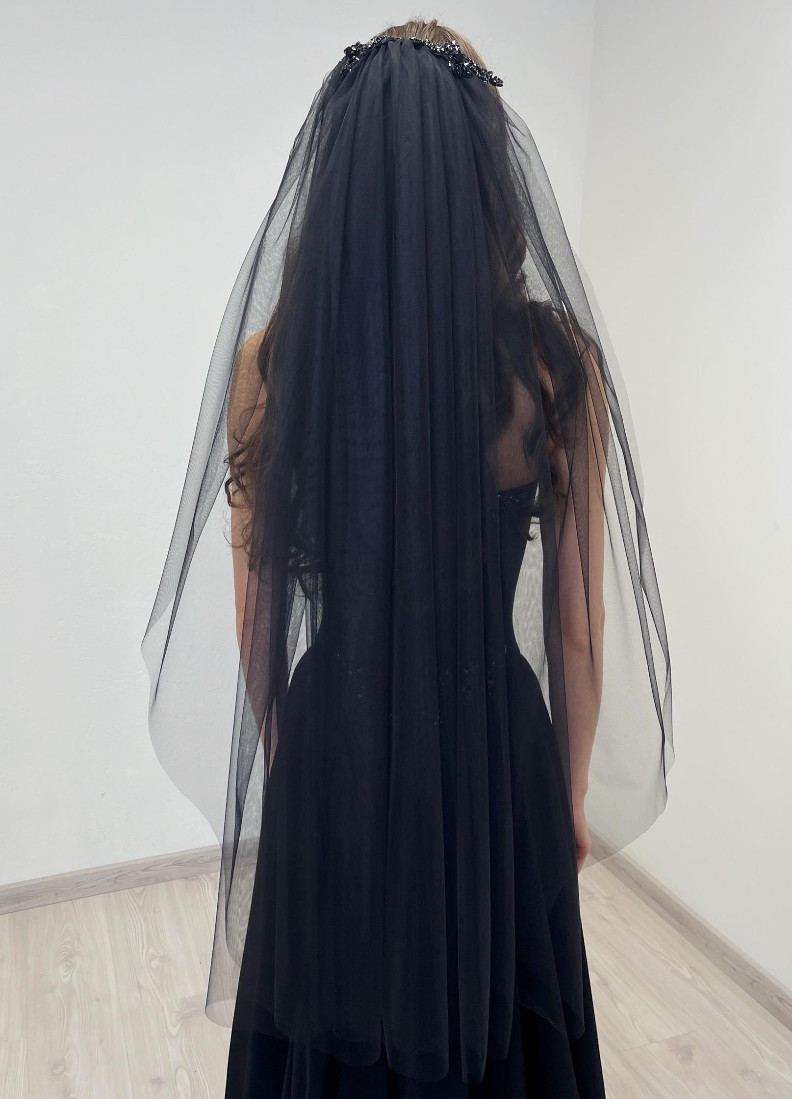 Sheer Black Beaded Tulle Veil with Comb-Romantic Gothic Bridal Hair Black Gothic Cathedral Length Tulle Wedding Veil With 3D  main image 3