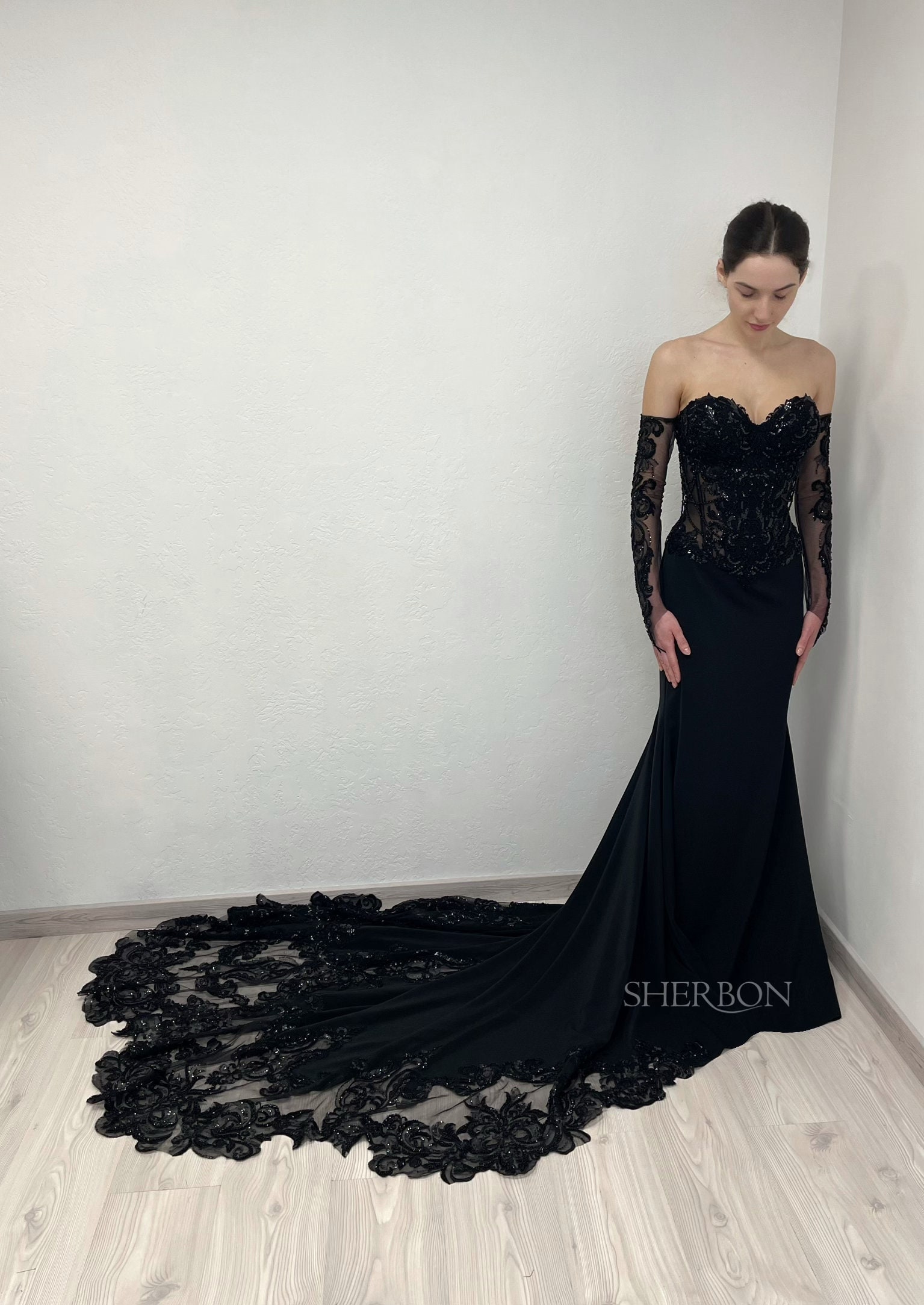Black Gothic Beaded Sparkly Corset Lace Mermaid Wedding Dress With a ...