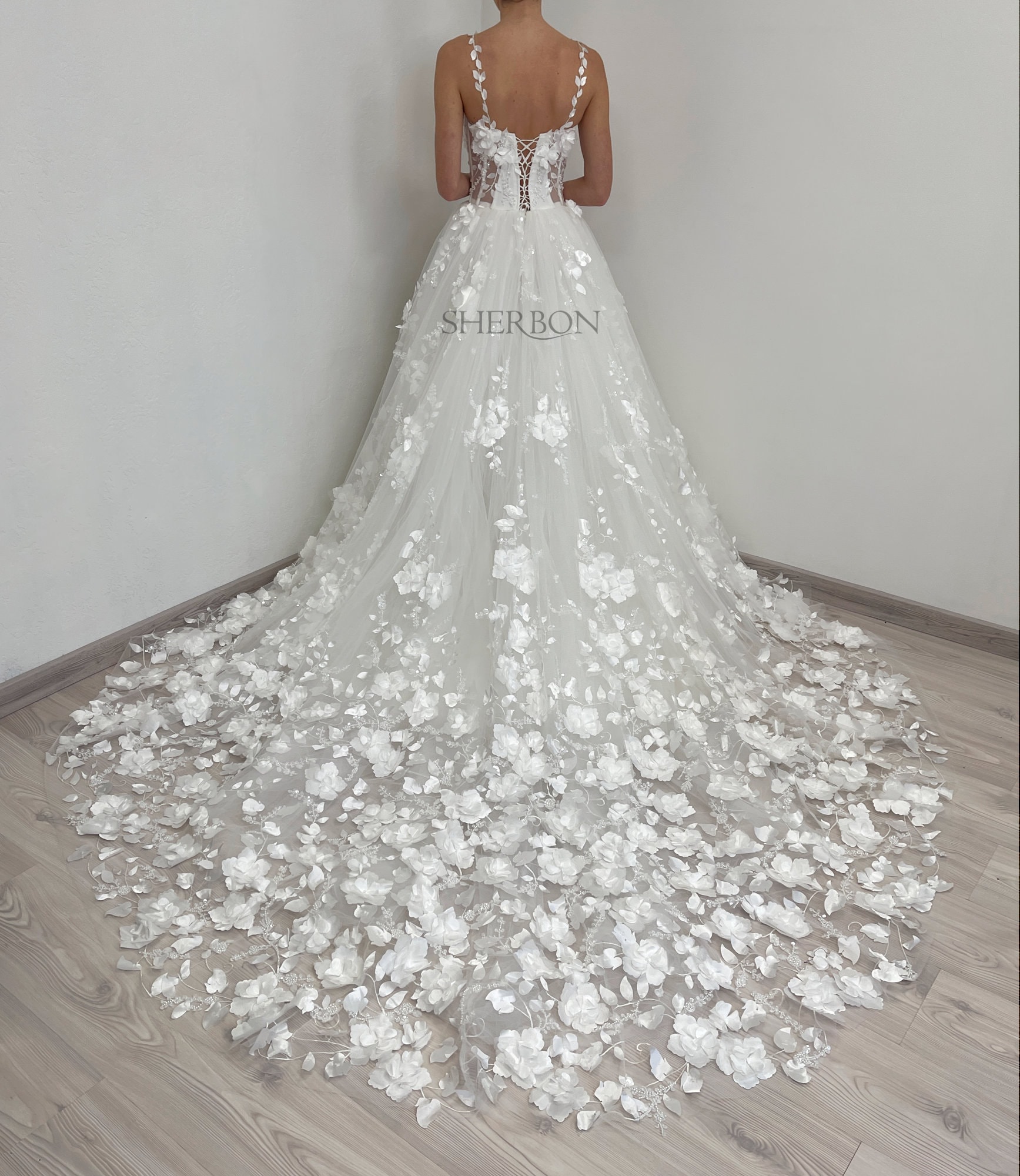 White Sparkly Sheer 3D Floral Lace Corset Wedding Dress, Bride Fantasy  Tulle Train Gown With Straps and Train - Etsy