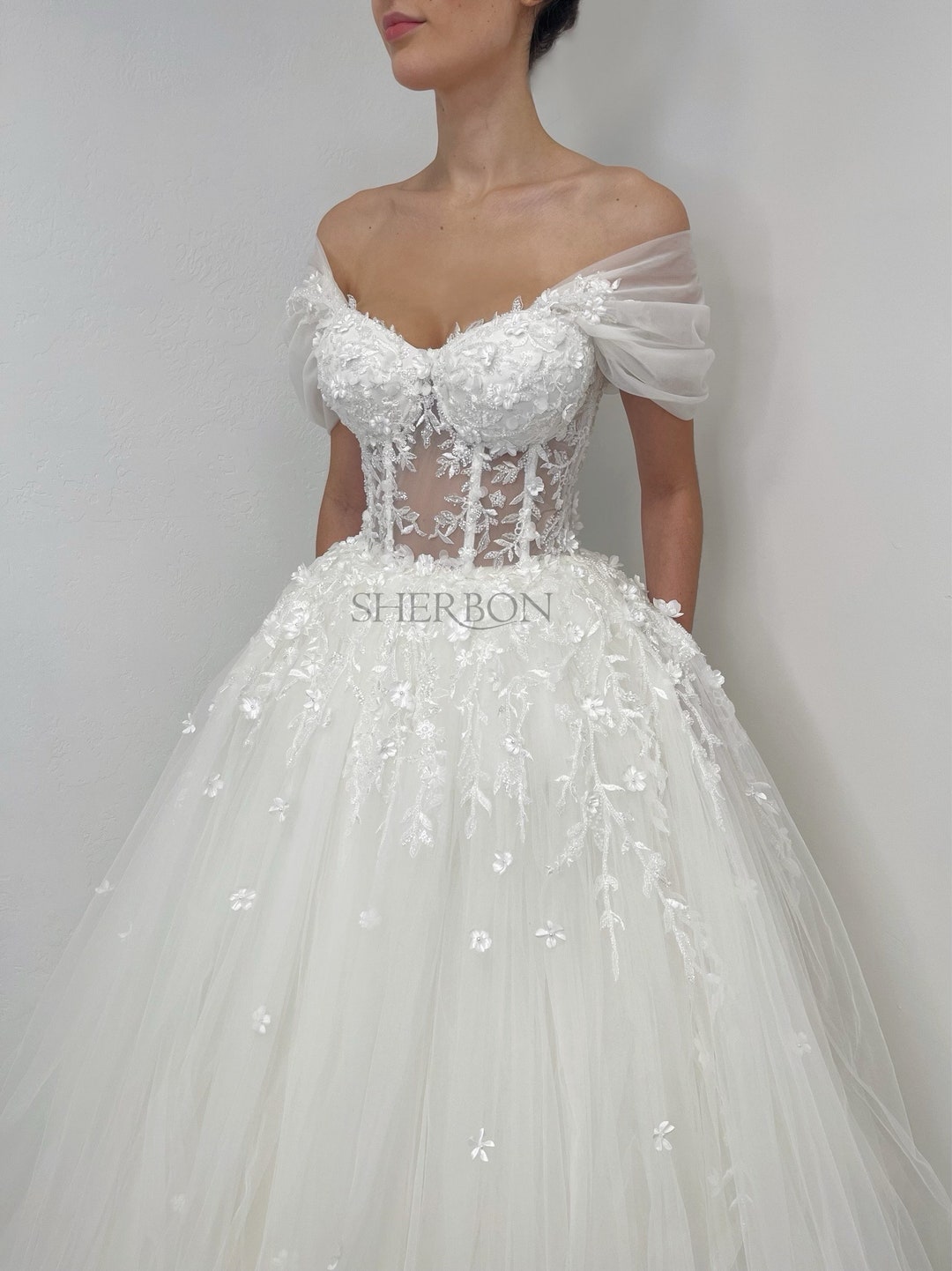 White Floral Beaded Corset Tulle Wedding Dress, See Through Bride Sheer ...