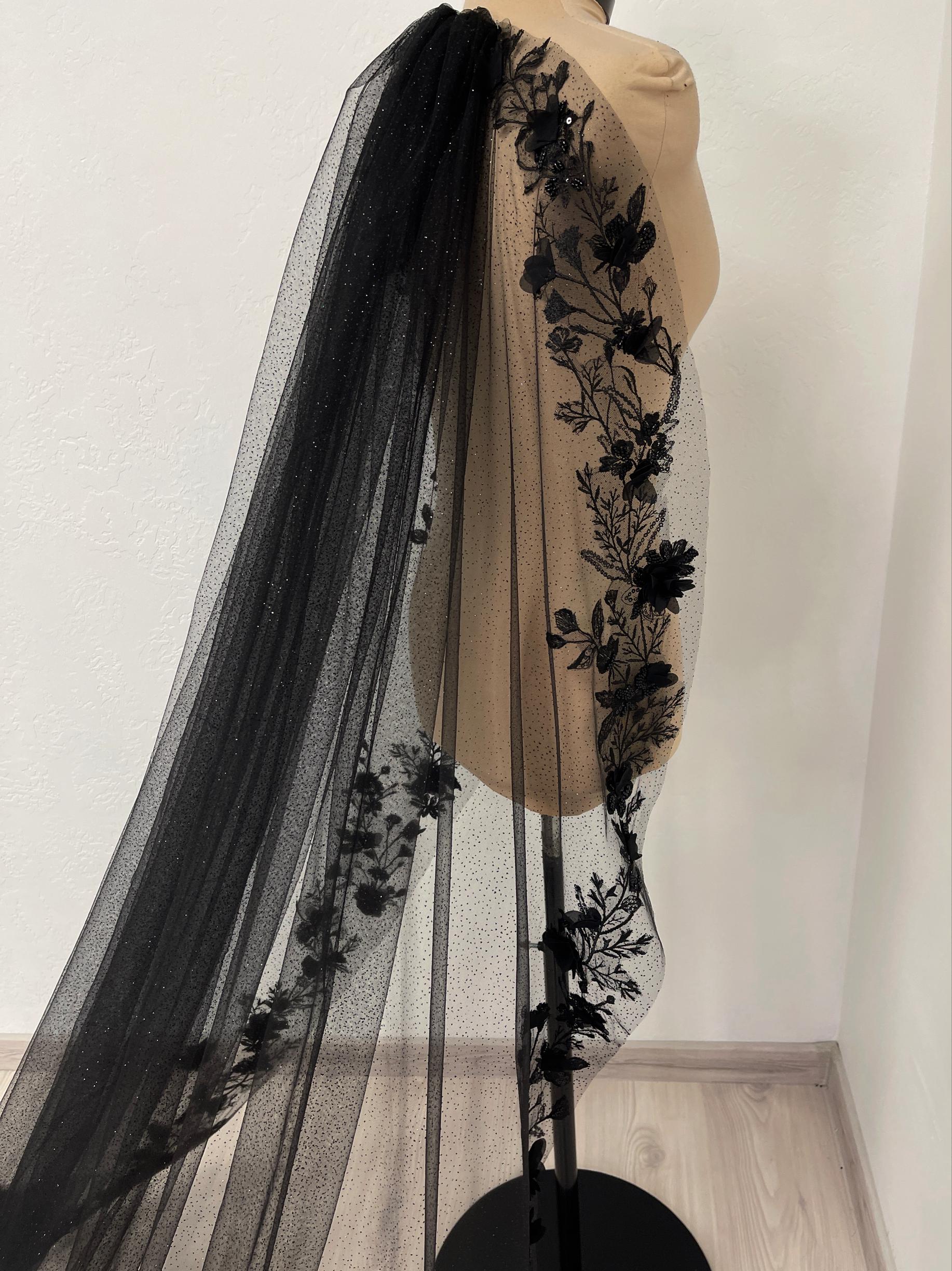 Black Homemade Lace Beaded Wedding Veil Handmade Beaded Black Lace Cathedral Veil - Gothic Wedding  main image 4